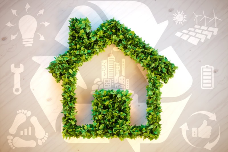 Tips to Prepare Your Huntertown Home for Vacation This Summer. Sustainable living - 3d illustration with ecology icons on brown wooden background.