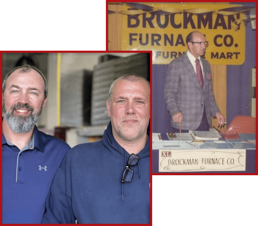 Comparison photos of Ben and Jake Sherman, owners of Brockman Heating & Air Conditioning today and another photo of their grandfather running the business in 1959.